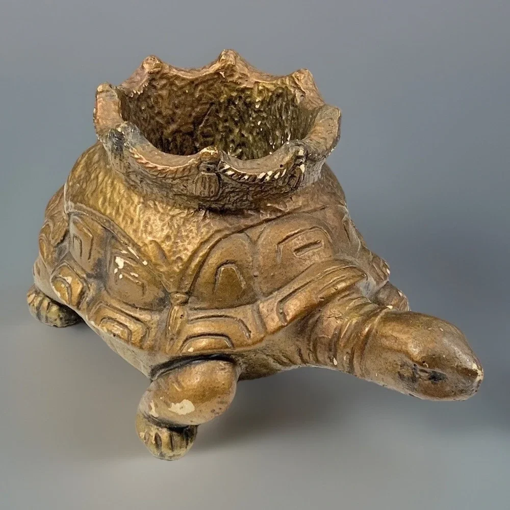 Vintage Turtle Trinket Dish Holder Gold Tone Crown Embossed Shell Desk Animal